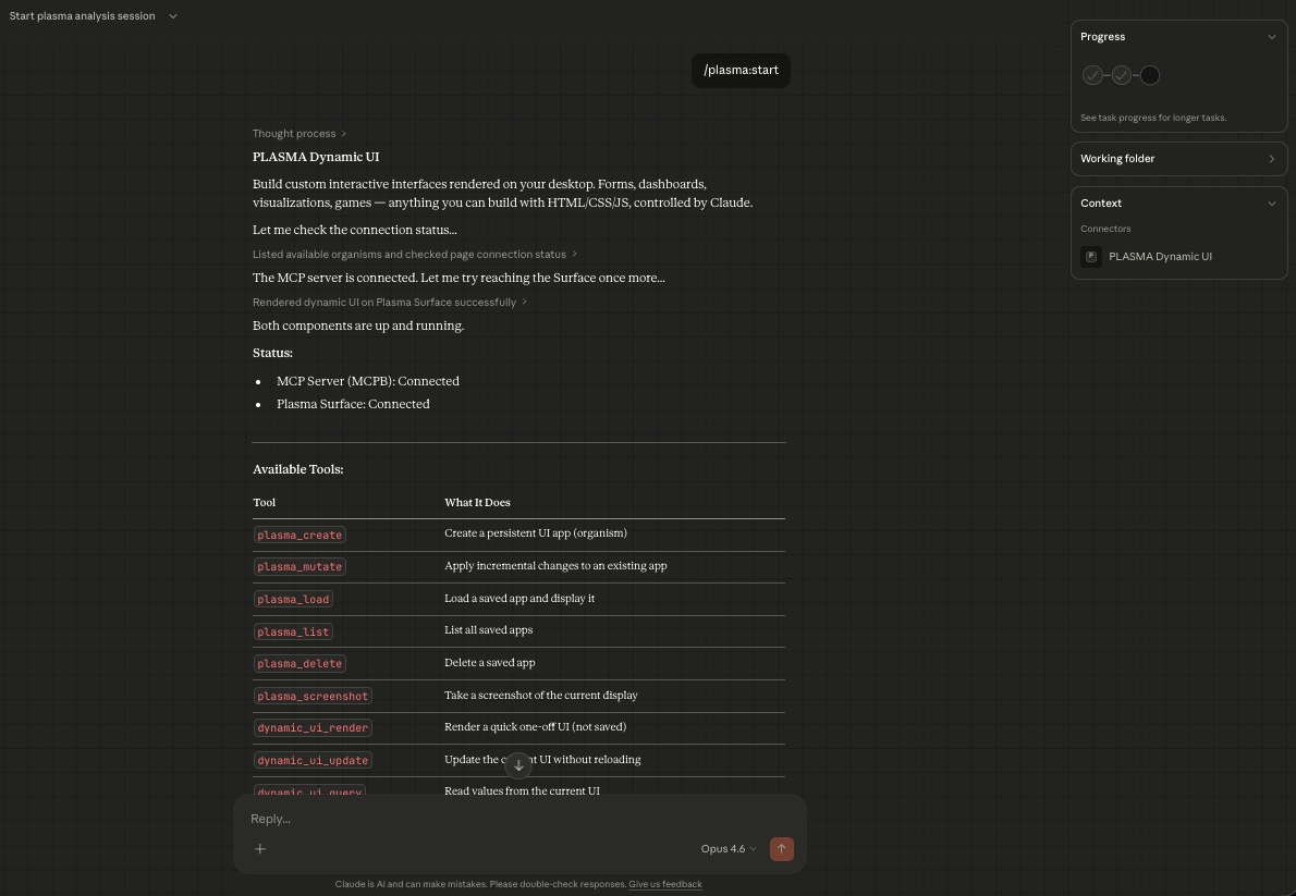PLASMA start command showing connected status and available tools